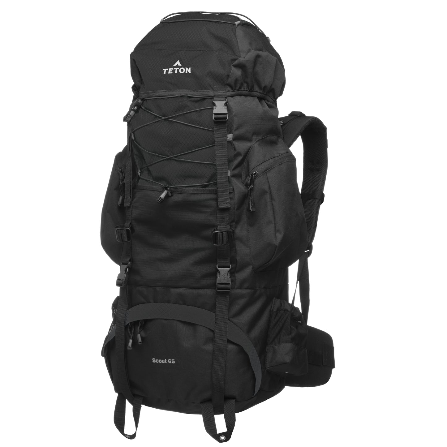 Black 65L hiking backpack with visible brand logo on a white background
