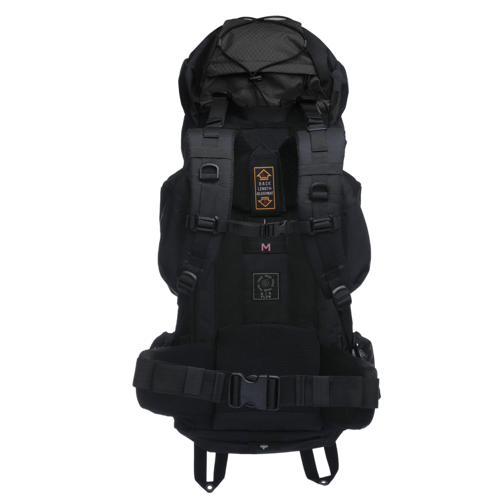 Black 65L hiking backpack with multiple straps and buckles on a white background