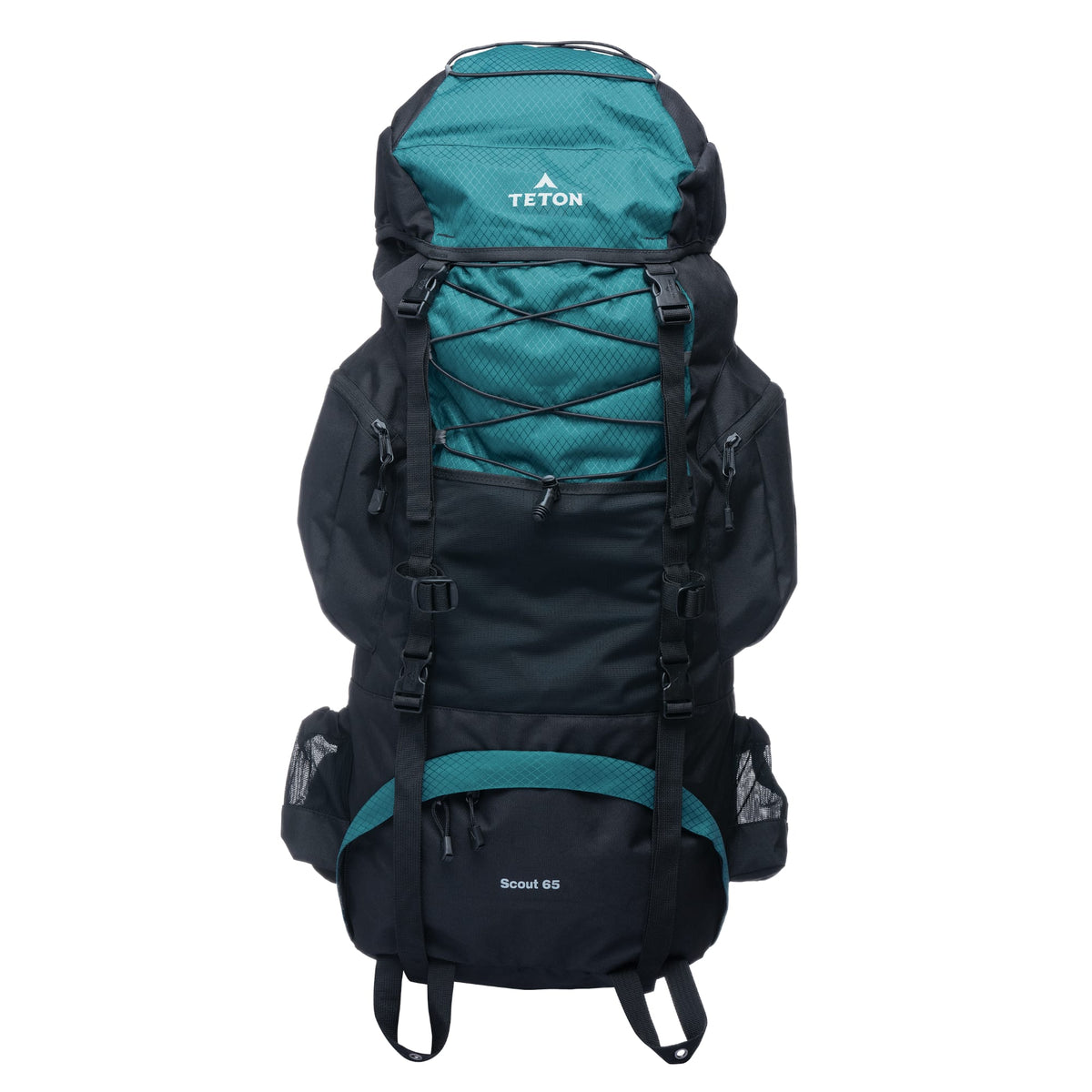 Teal and black 65L backpack with Teton brand logo on a white background