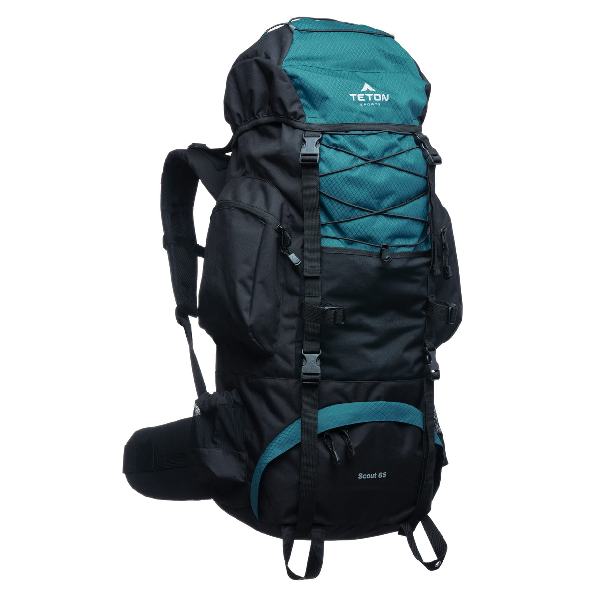 Black and teal hiking 65L backpack with Teton brand on a white background
