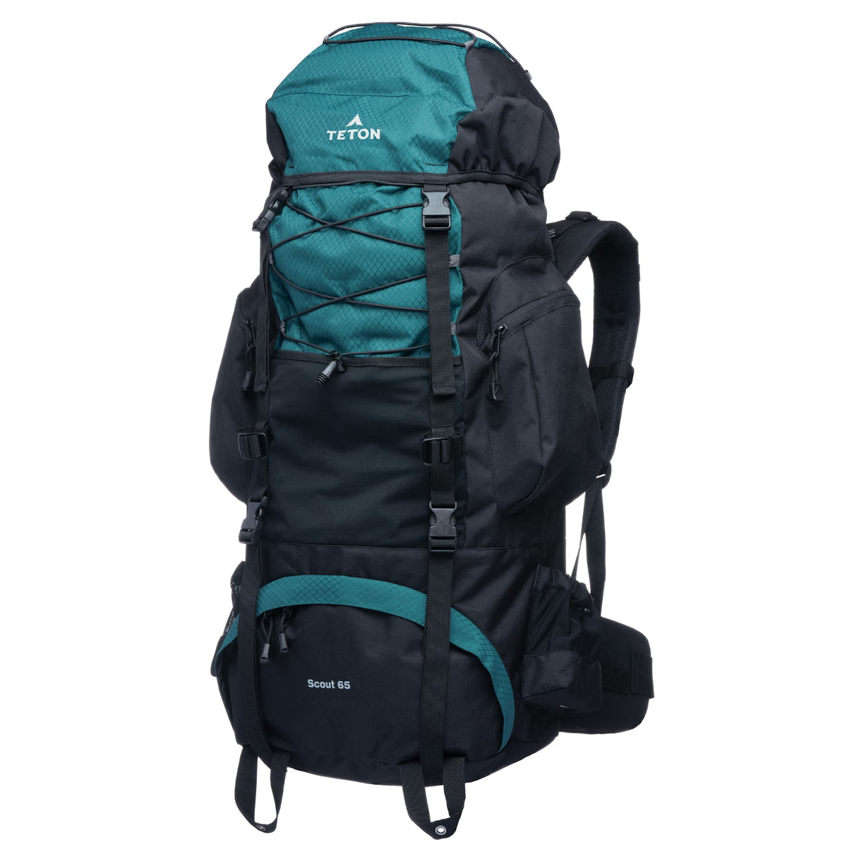 Teal and black 65L backpack with Teton brand on a white background