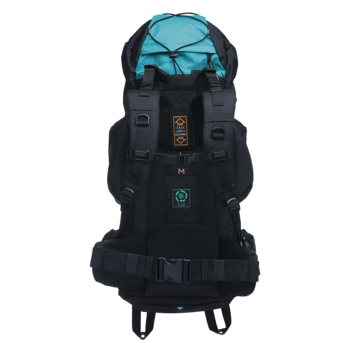 Black 65L hiking backpack with teal front panel on a white background
