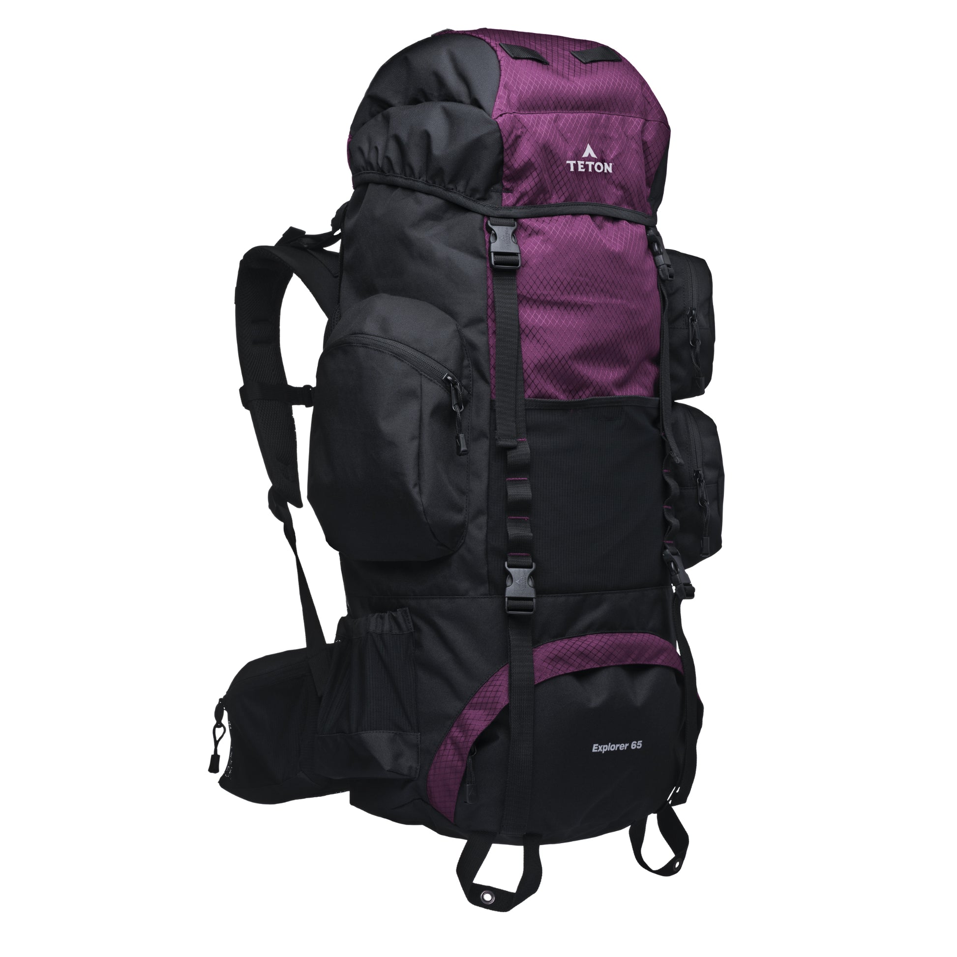 Purple 65L hiking backpack with Teton brand logo on a white background