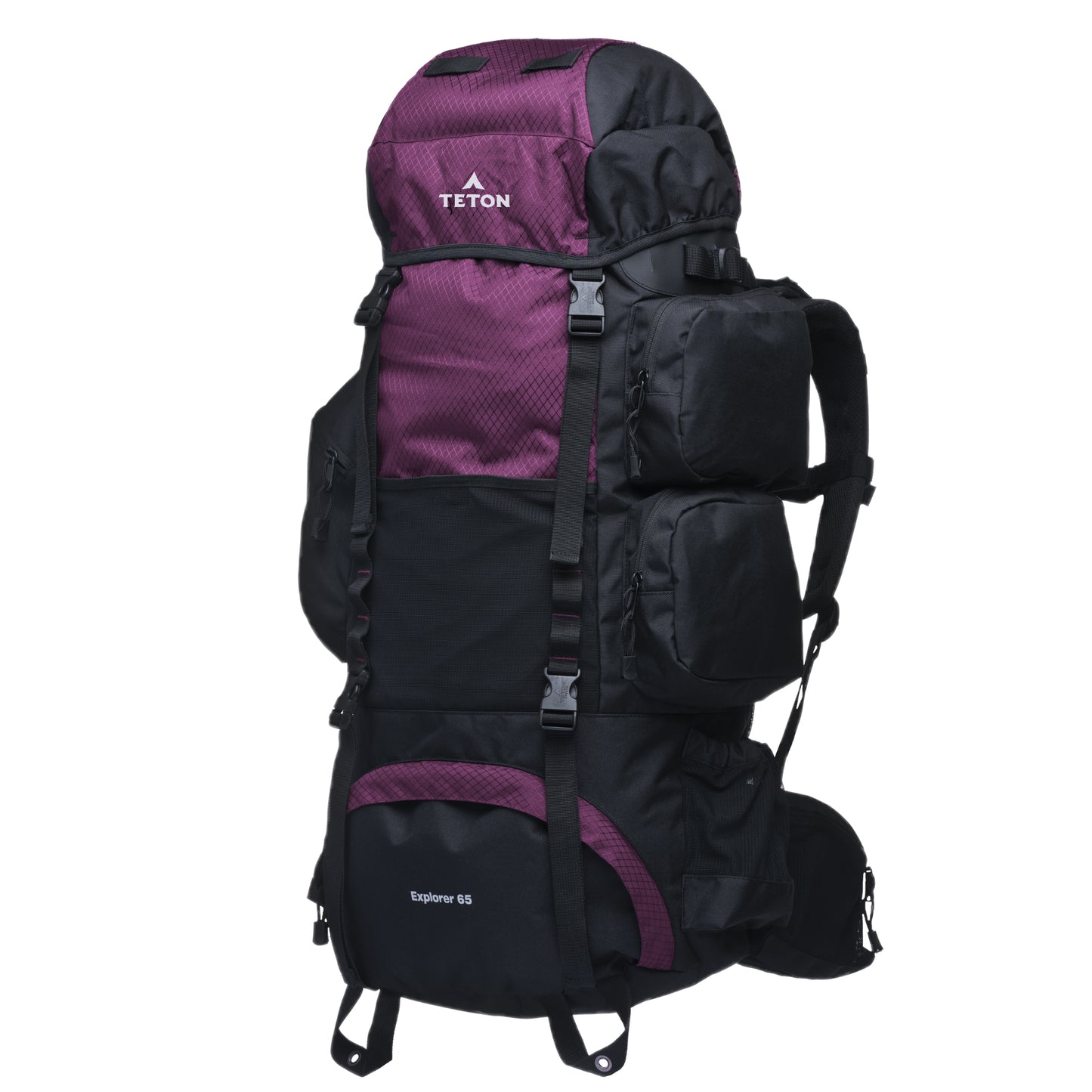 Purple 65L hiking backpack with Teton brand logo on a white background