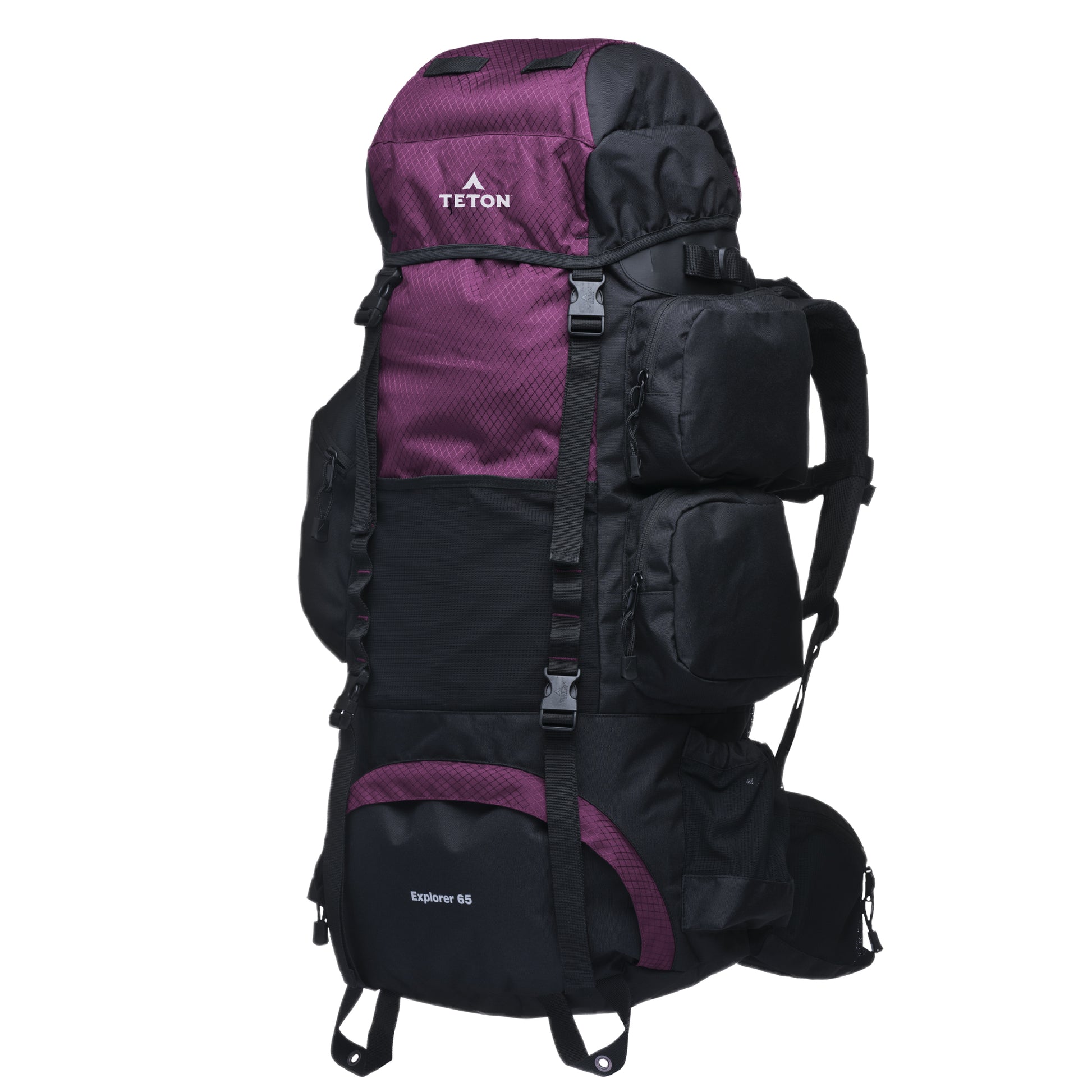 Purple 65L hiking backpack with Teton brand logo on a white background