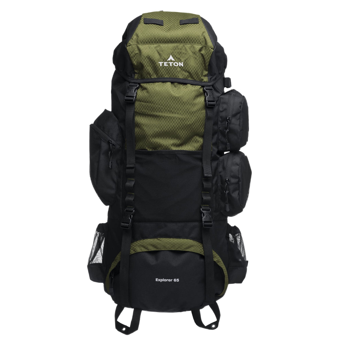 Black and green  65L backpack with Teton brand on a white background