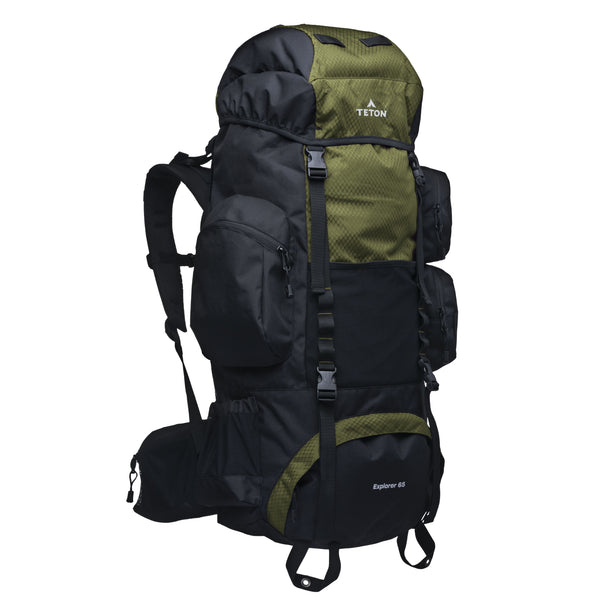 Black and green  65L backpack with Teton brand on a white background