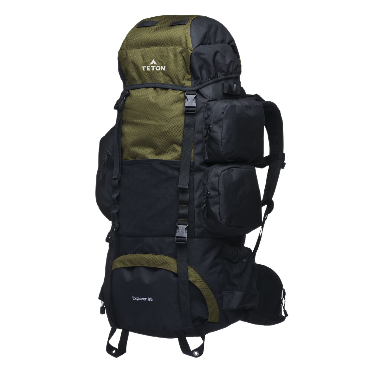 Black and green  65L backpack with Teton brand on a white background