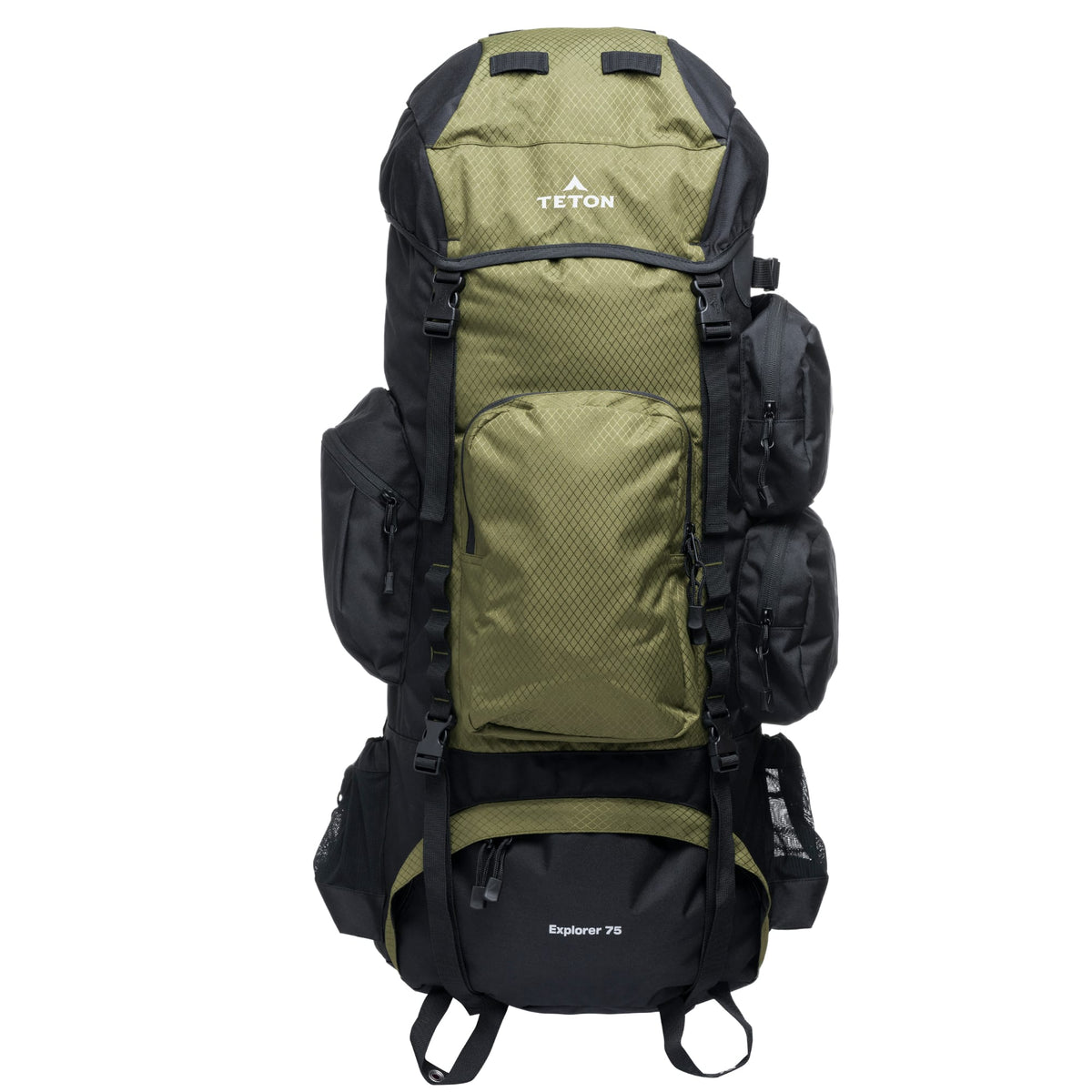 Olive Green and black 75L backpack with Teton brand on a white background