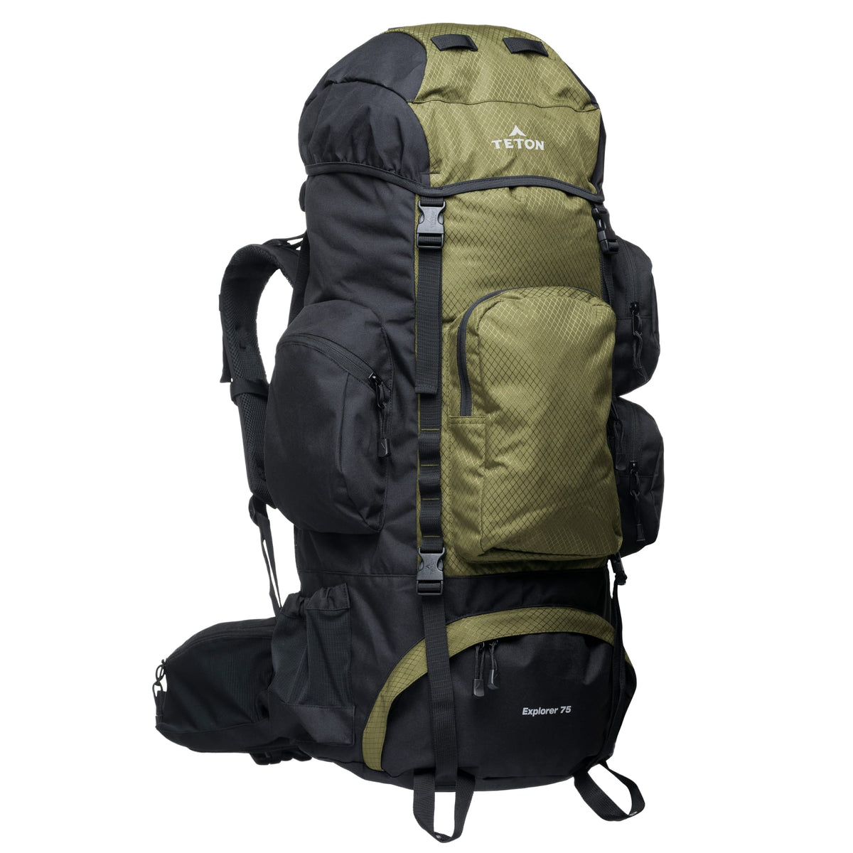 Olive Green and black 75L backpack with Teton brand on a white background