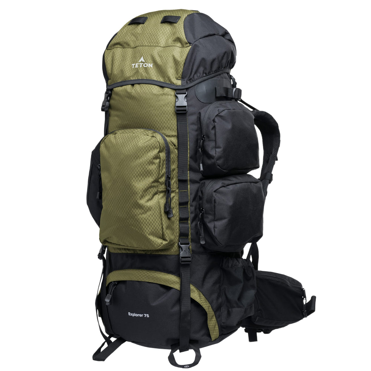 Olive Green and black 75L backpack with Teton brand on a white background