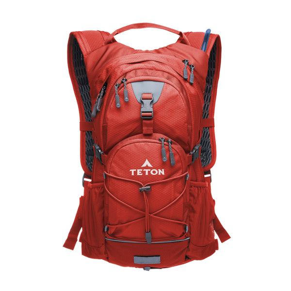 Red 18L hydration backpack with Teton logo on a white background