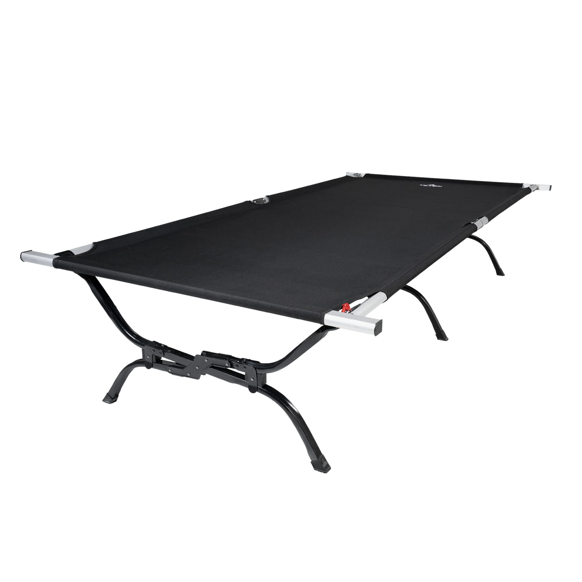 Black camping cot with metal frame on a white background