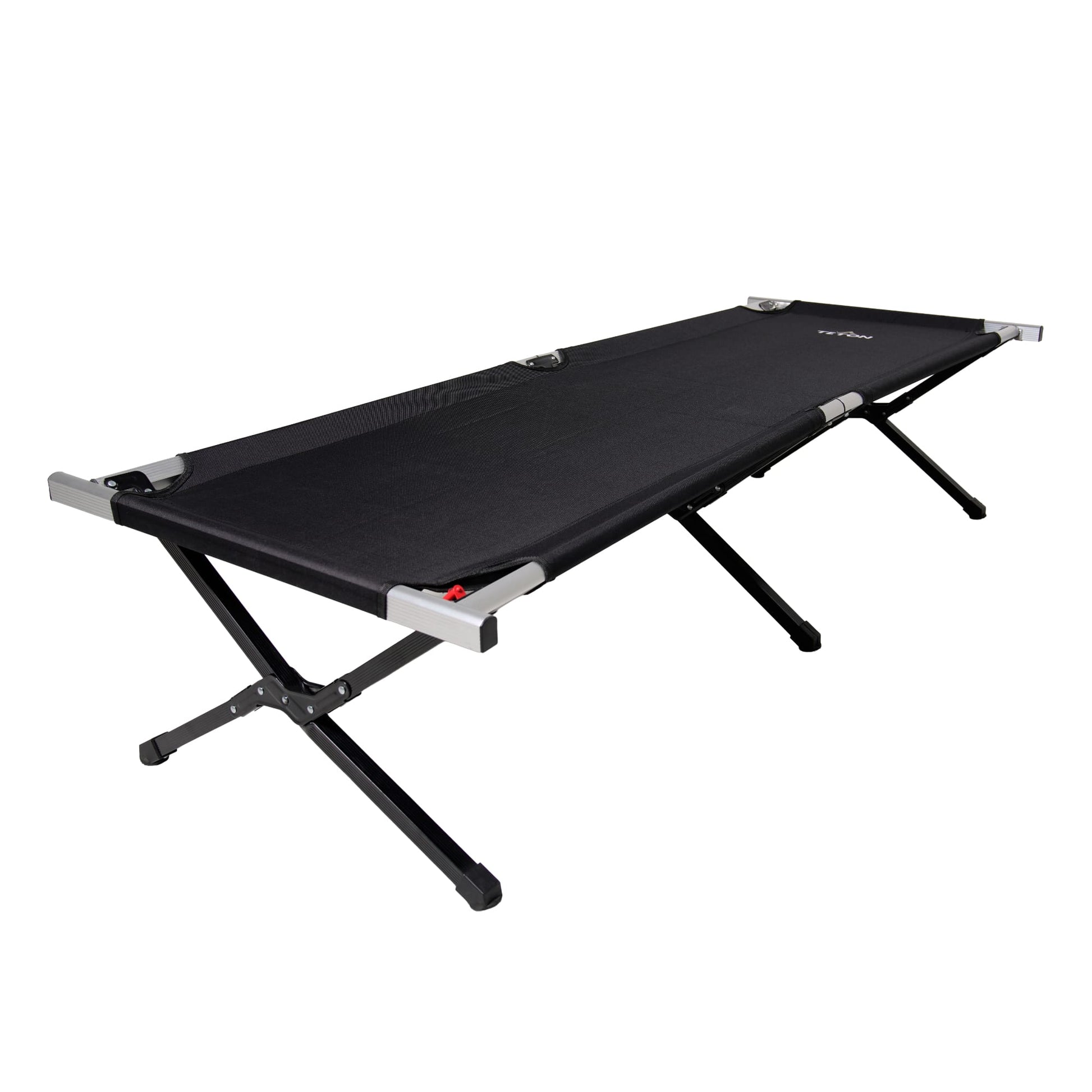Black camping cot with metal frame on a white background