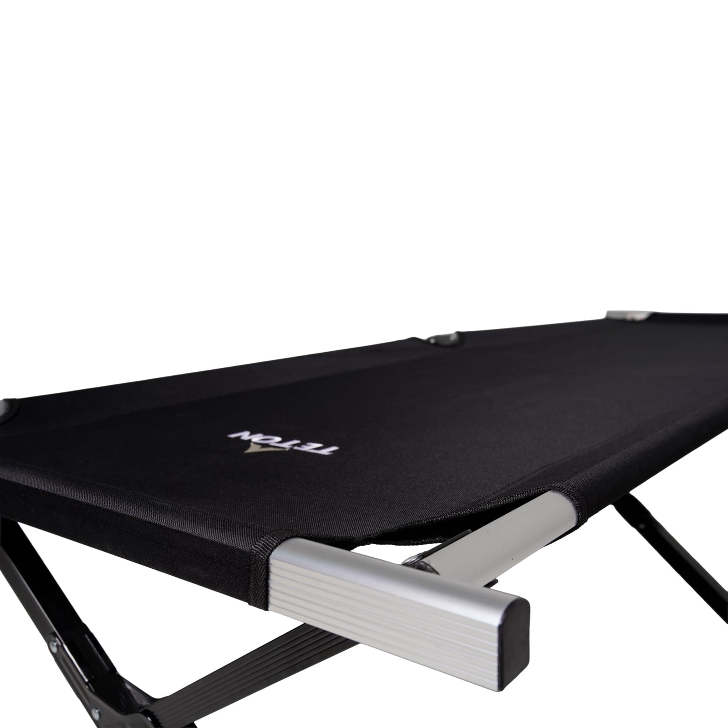 Black camping cot with metal frame on a white background