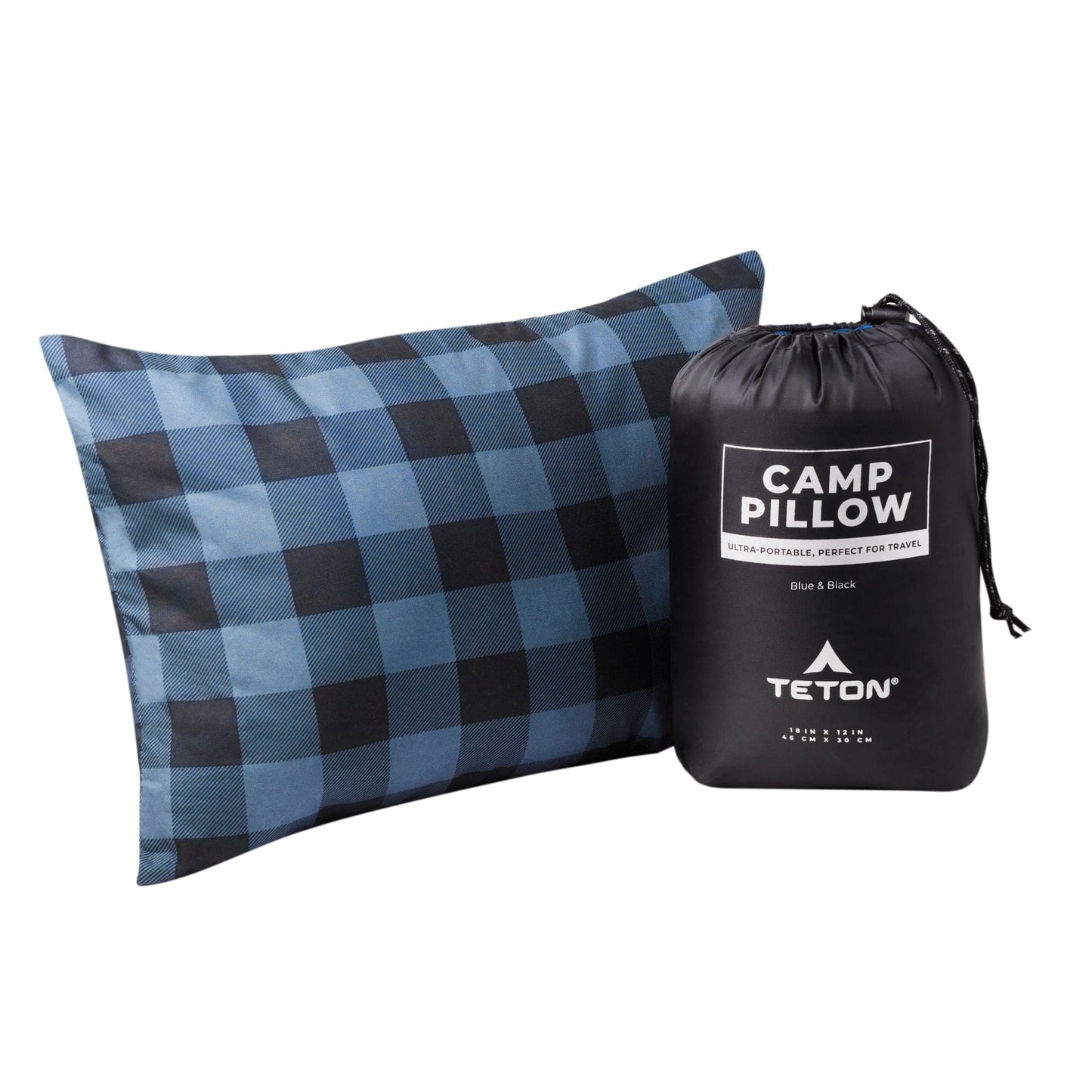 Blue and black checkered camp pillow with Teton brand packaging on a white background