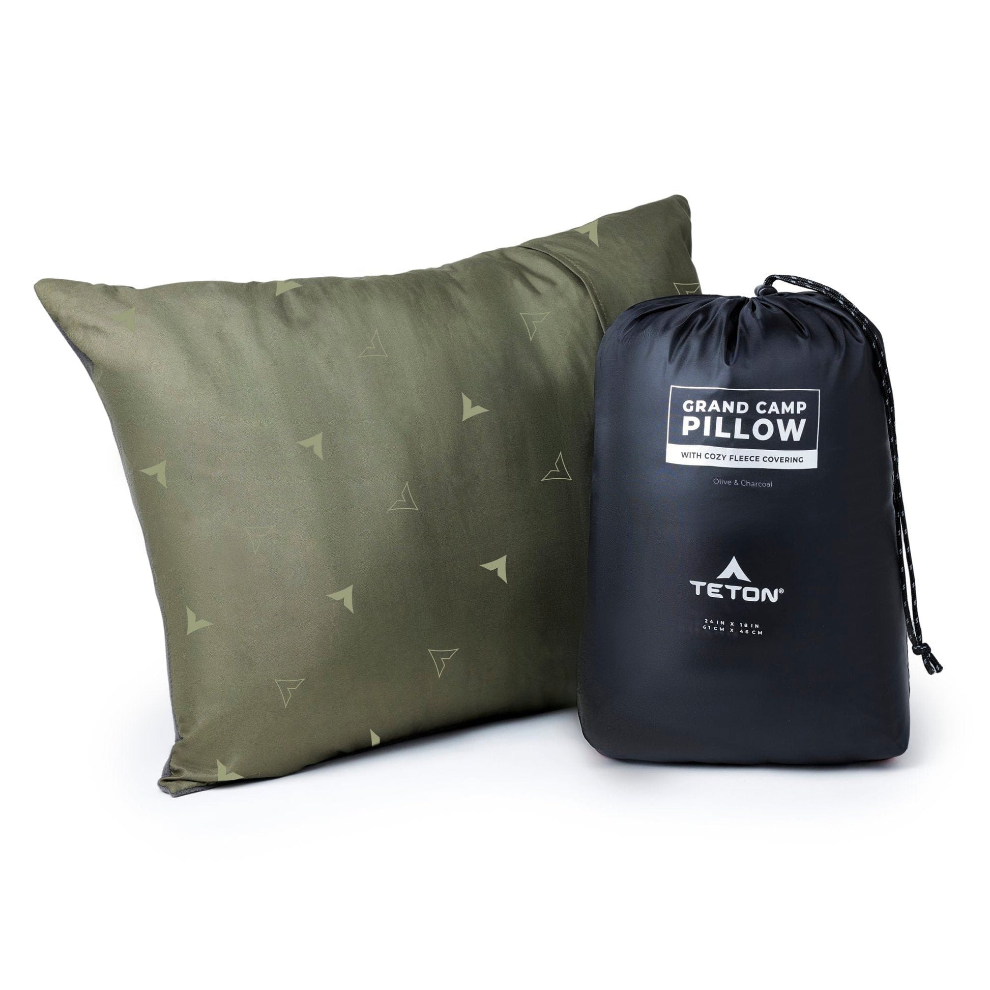 Green camping pillow with Teton brand packaging on a white background