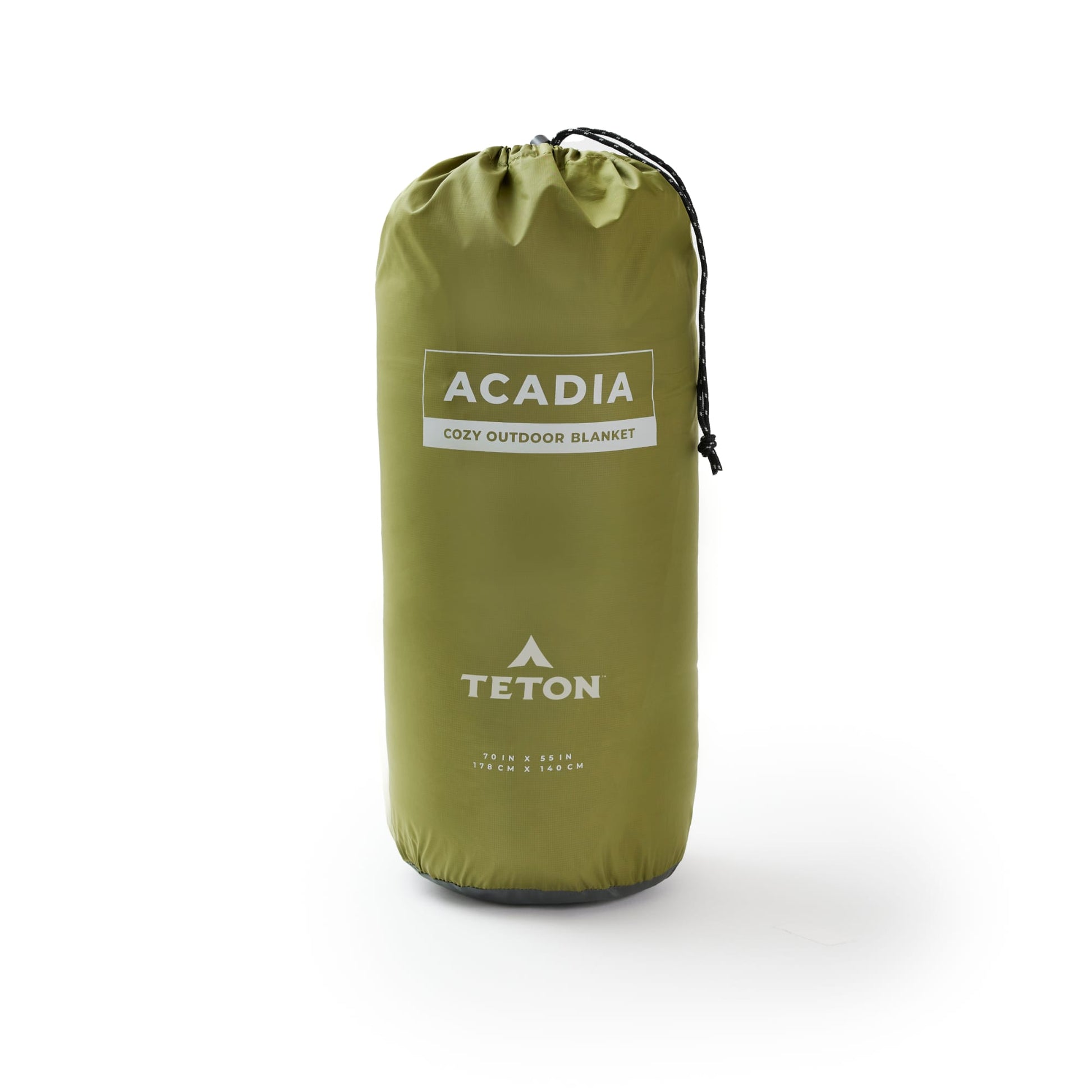 Green one-person outdoor blanket  bag with 'Acadia Mammoth' and 'Teton' branding on a white background