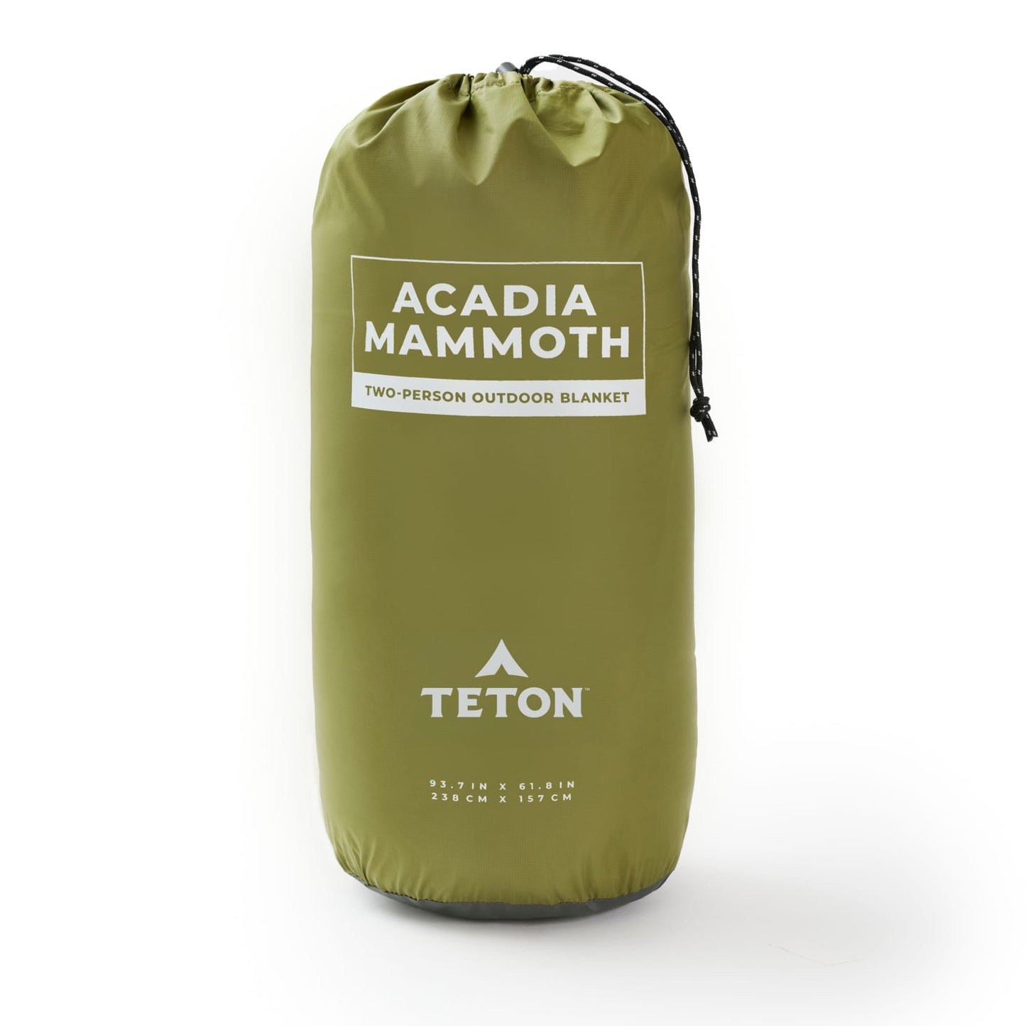 Green two-person outdoor blanket  bag with 'Acadia Mammoth' and 'Teton' branding on a white background