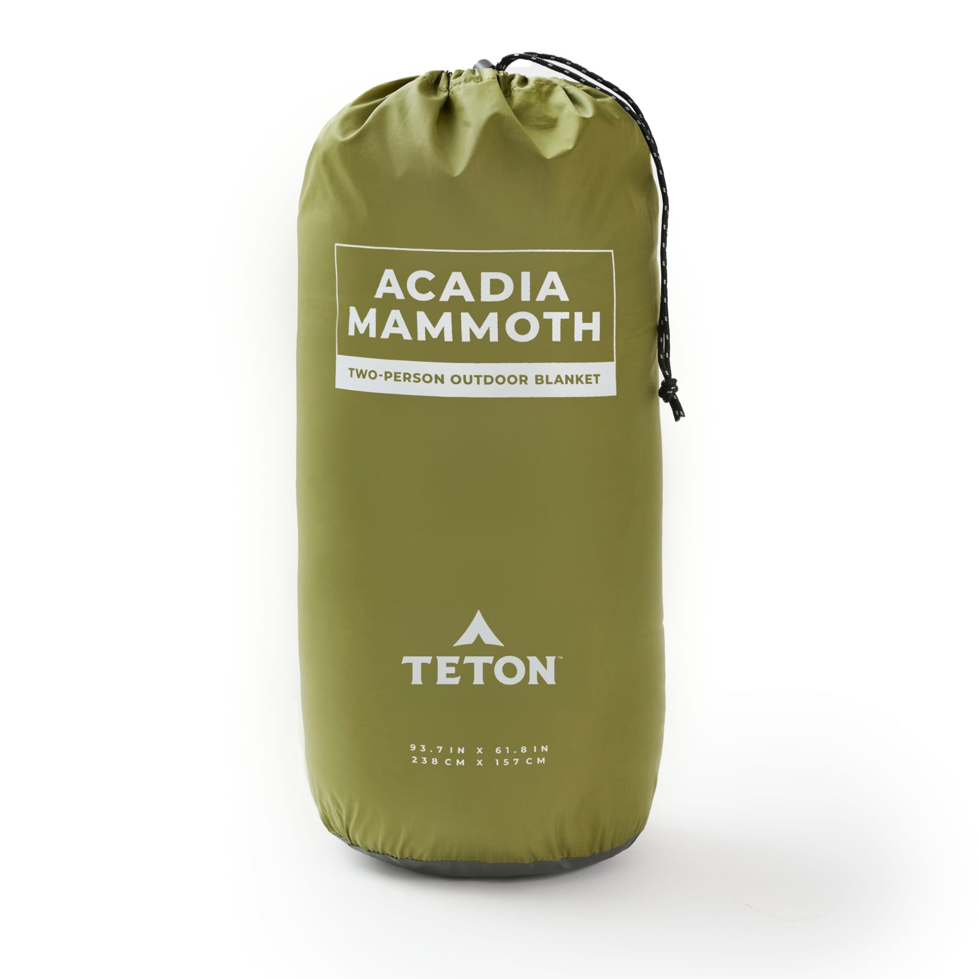 Green two-person outdoor blanket  bag with 'Acadia Mammoth' and 'Teton' branding on a white background