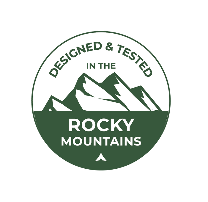 Logo with mountains and text 'Designed & Tested in the Rocky Mountains' on a green background
