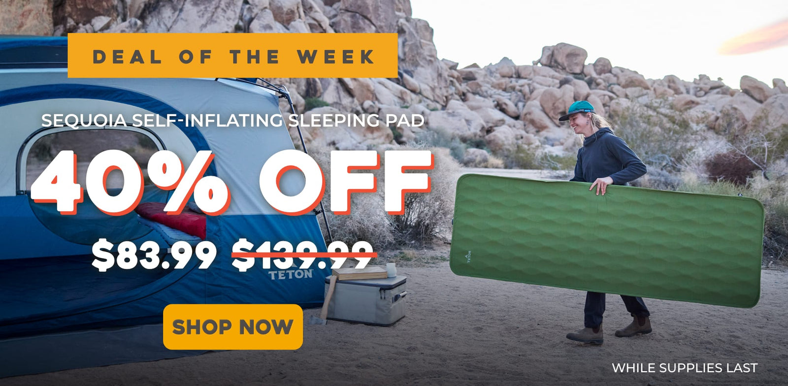 Promotional outdoor ad showing a person carrying a green self-inflating sleeping pad beside a blue tent in a rocky desert setting, with large sale text reading '40% OFF' and 'Sequoia Self-Inflating Sleeping Pad'. Final Price: $83.99