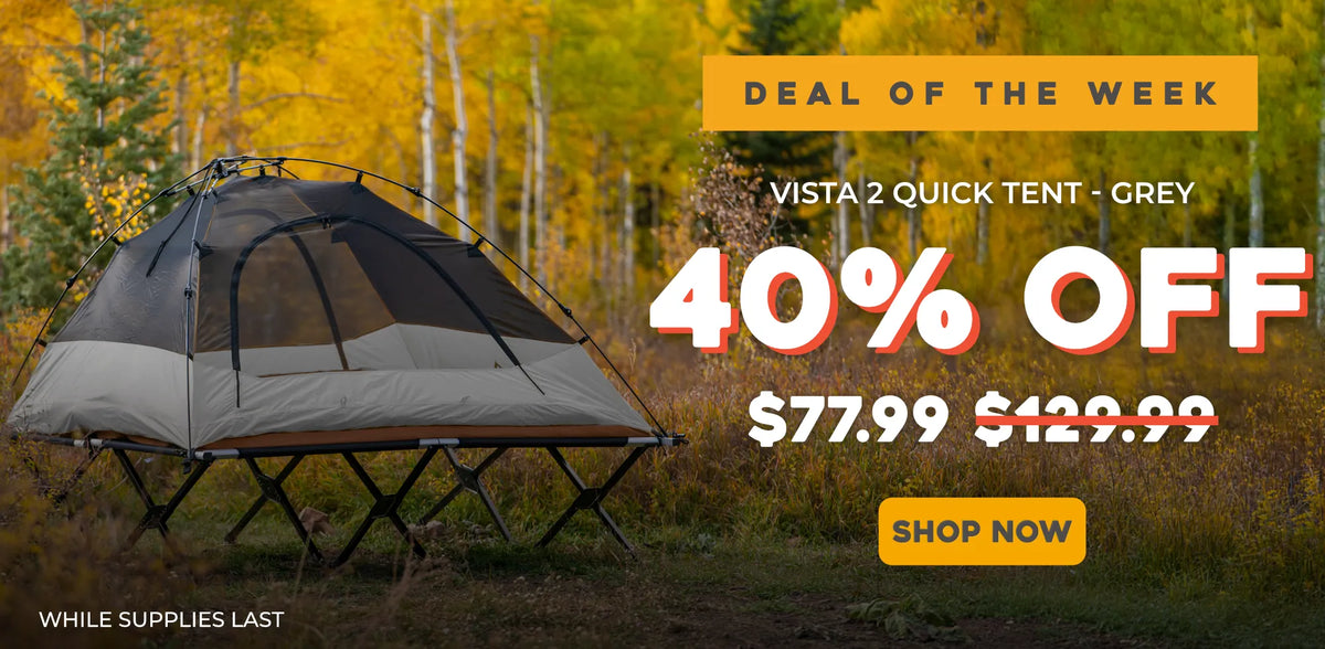 A promotional outdoor graphic showing a grey Vista 2 Quick Tent pitched in a forest with yellow autumn trees. Large text reads 'DEAL OF THE WEEK', '40% OFF', Final Price '$77.99.
