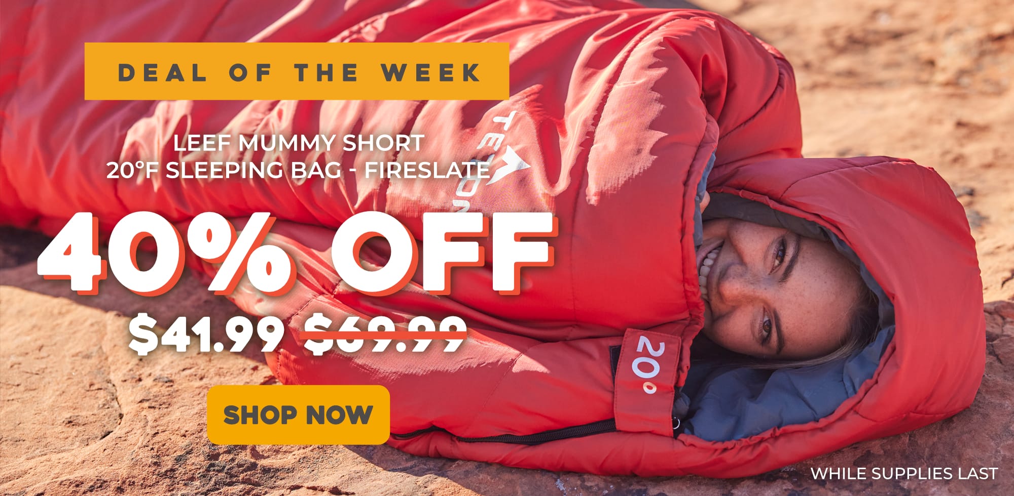 Person lying in the LEEEF MUMMY SHORT 20F sleeping bag with promotional text overlay on a rocky background: Final Price $41.99