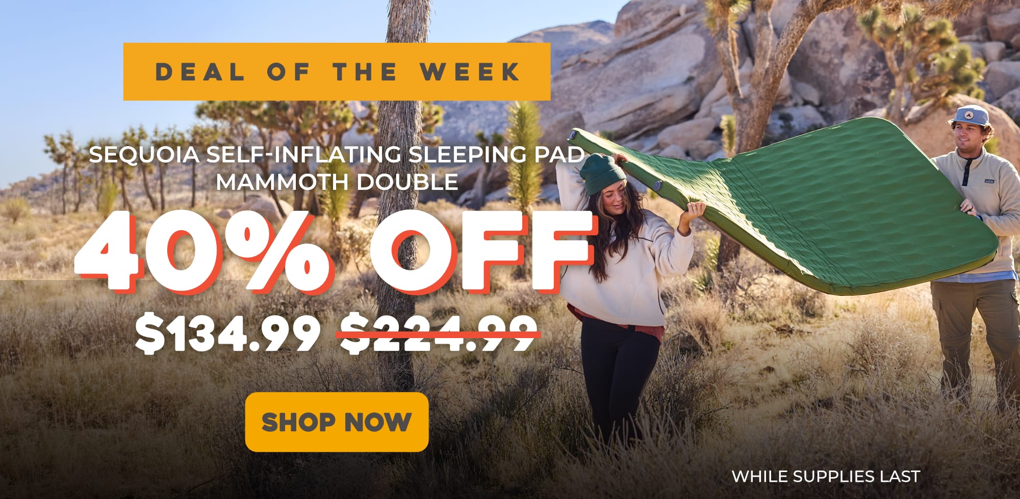 A couple lifting the Sequoia Self-Inflating Mammoth Double Sleeping Bag with a text overlay 40% OFF. The Final price $134.99.