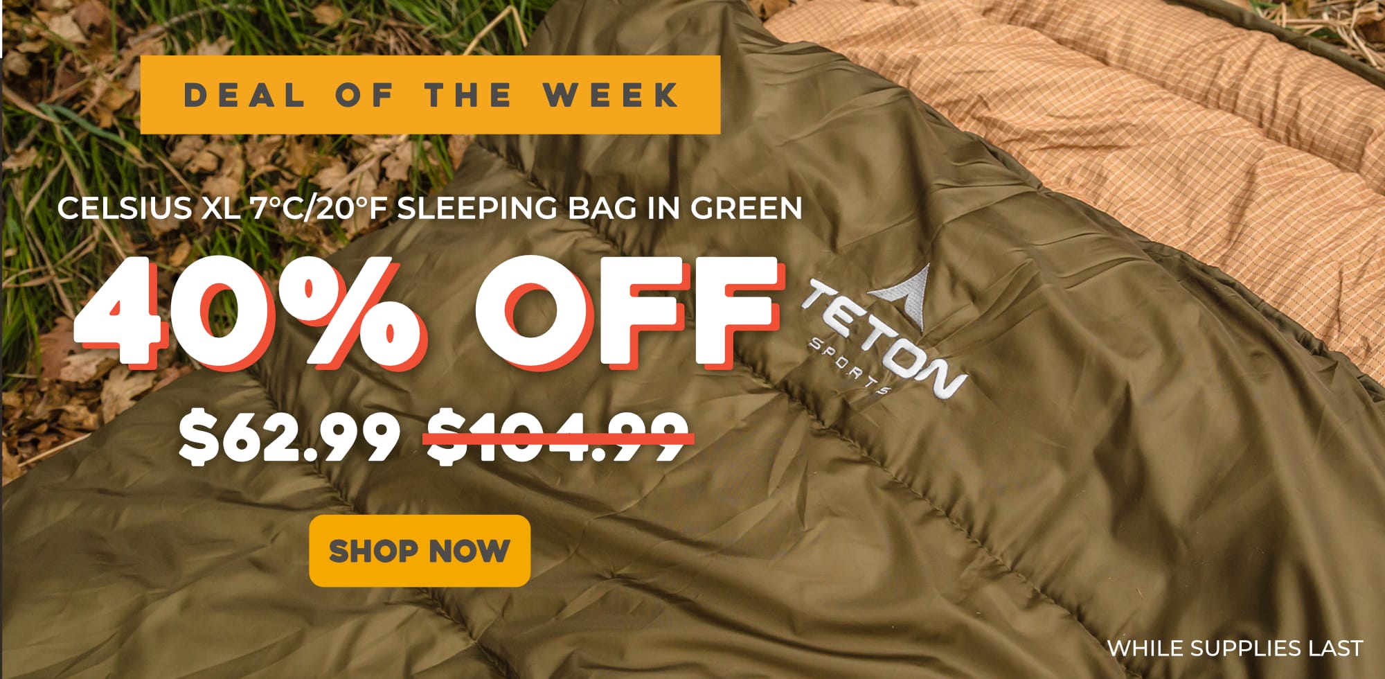 Green Celisius 20F sleeping bag with Teton Sports logo on a grassy background, promotional text overlay. Final Price: $62.99