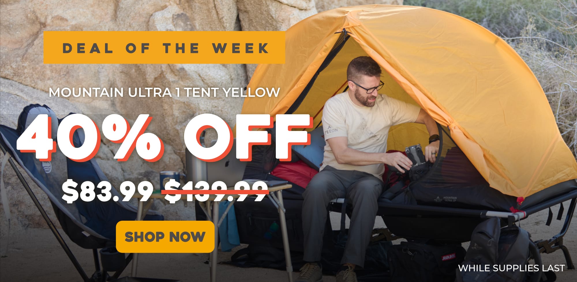 Man setting up a yellow tent with promotional text overlay 40% OFF, final price $83.99 on a natural background