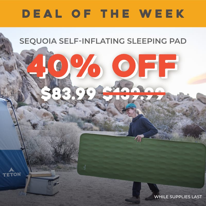 Promotional outdoor ad showing a person carrying a green self-inflating sleeping pad beside a blue tent in a rocky desert setting, with large sale text reading '40% OFF' and 'Sequoia Self-Inflating Sleeping Pad'. Final Price: $83.99
