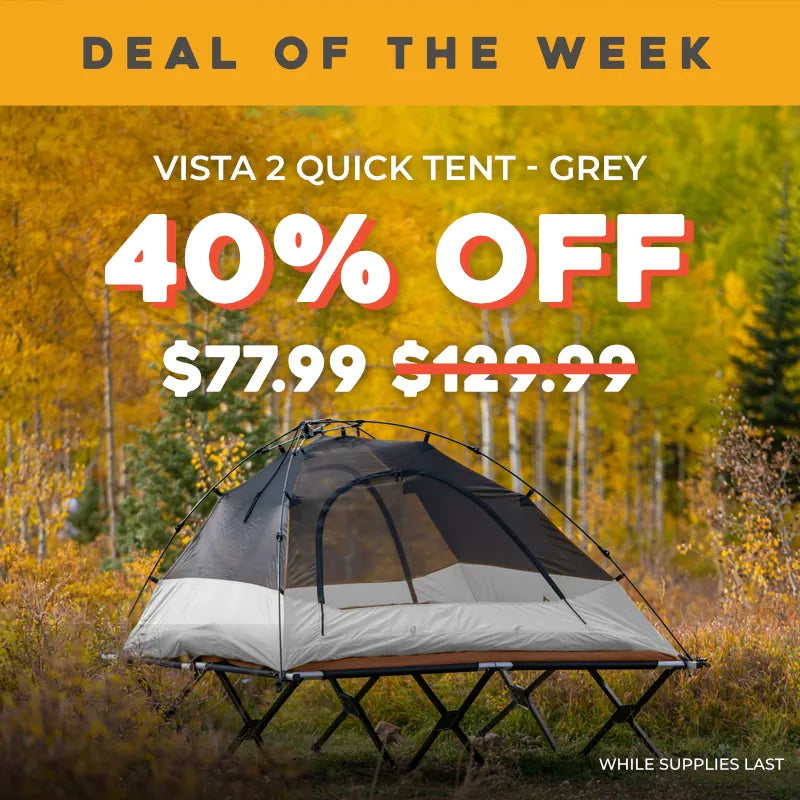 A promotional outdoor graphic showing a grey Vista 2 Quick Tent pitched in a forest with yellow autumn trees. Large text reads 'DEAL OF THE WEEK', '40% OFF', Final Price '$77.99.