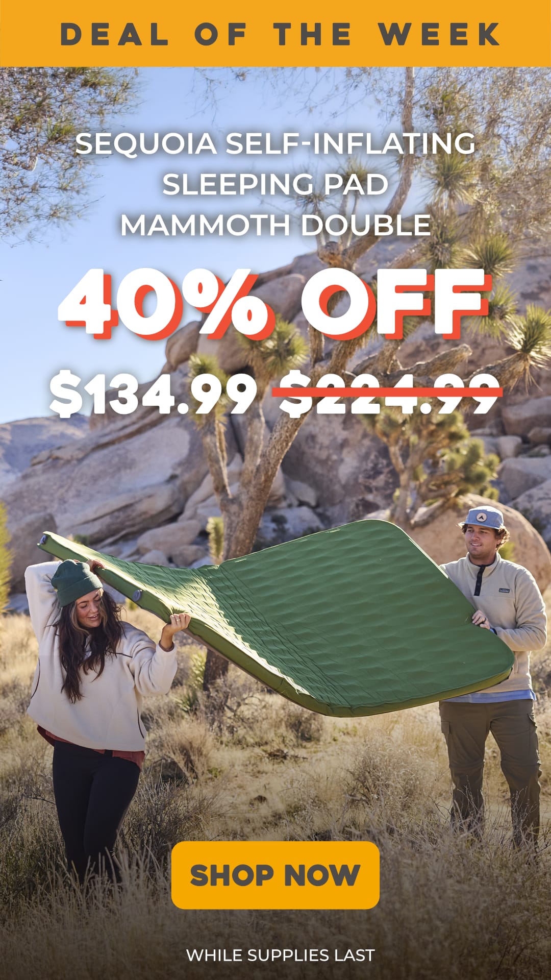 A couple lifting the Sequoia Self-Inflating Mammoth Double Sleeping Bag with a text overlay 40% OFF. The Final price $134.99.