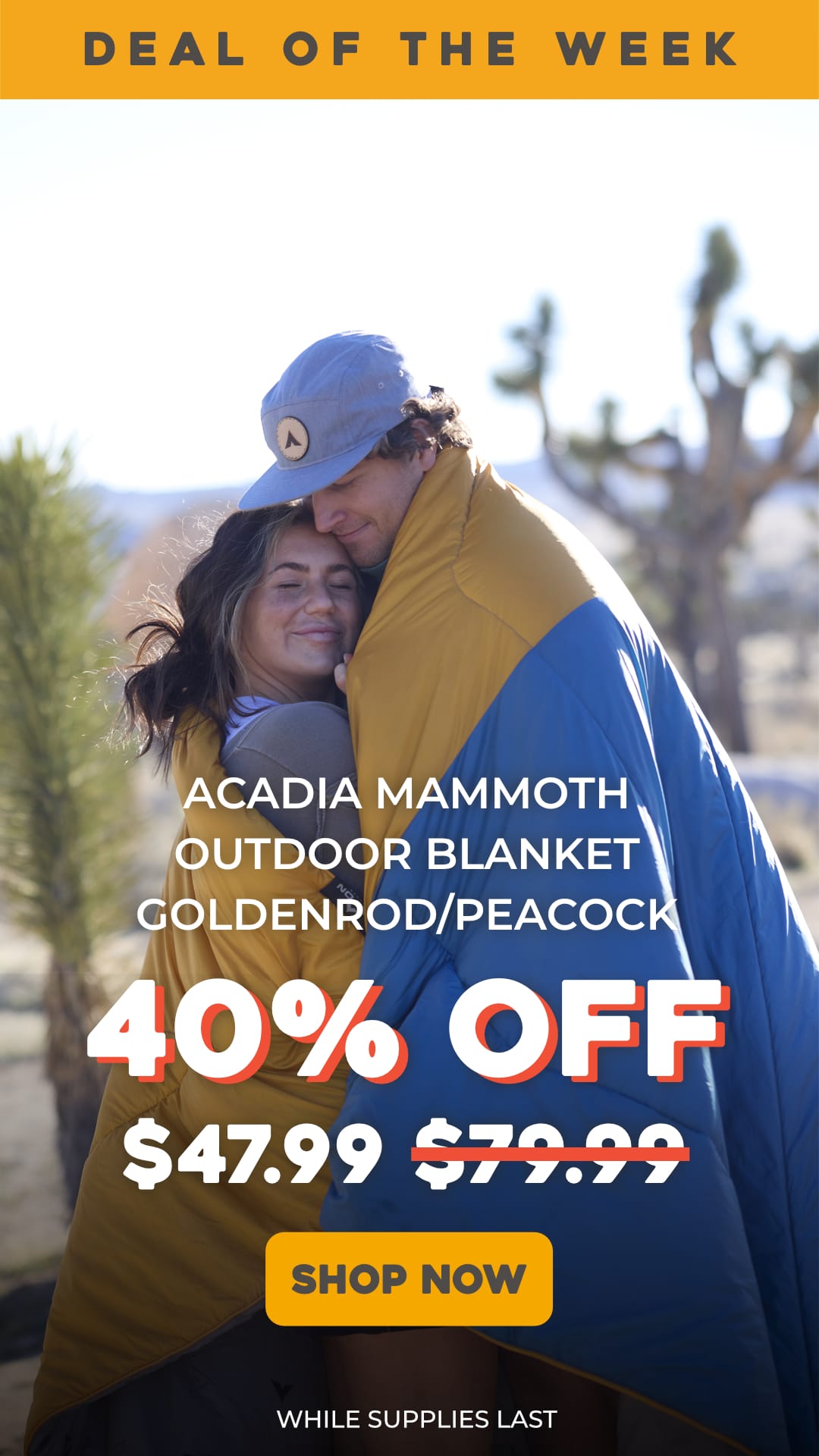 Two people wrapped in the acadia mammoth blanket with promotional text "40% OFF Acadia Mammoth in Golden/Peacock Final Price is $47.99"