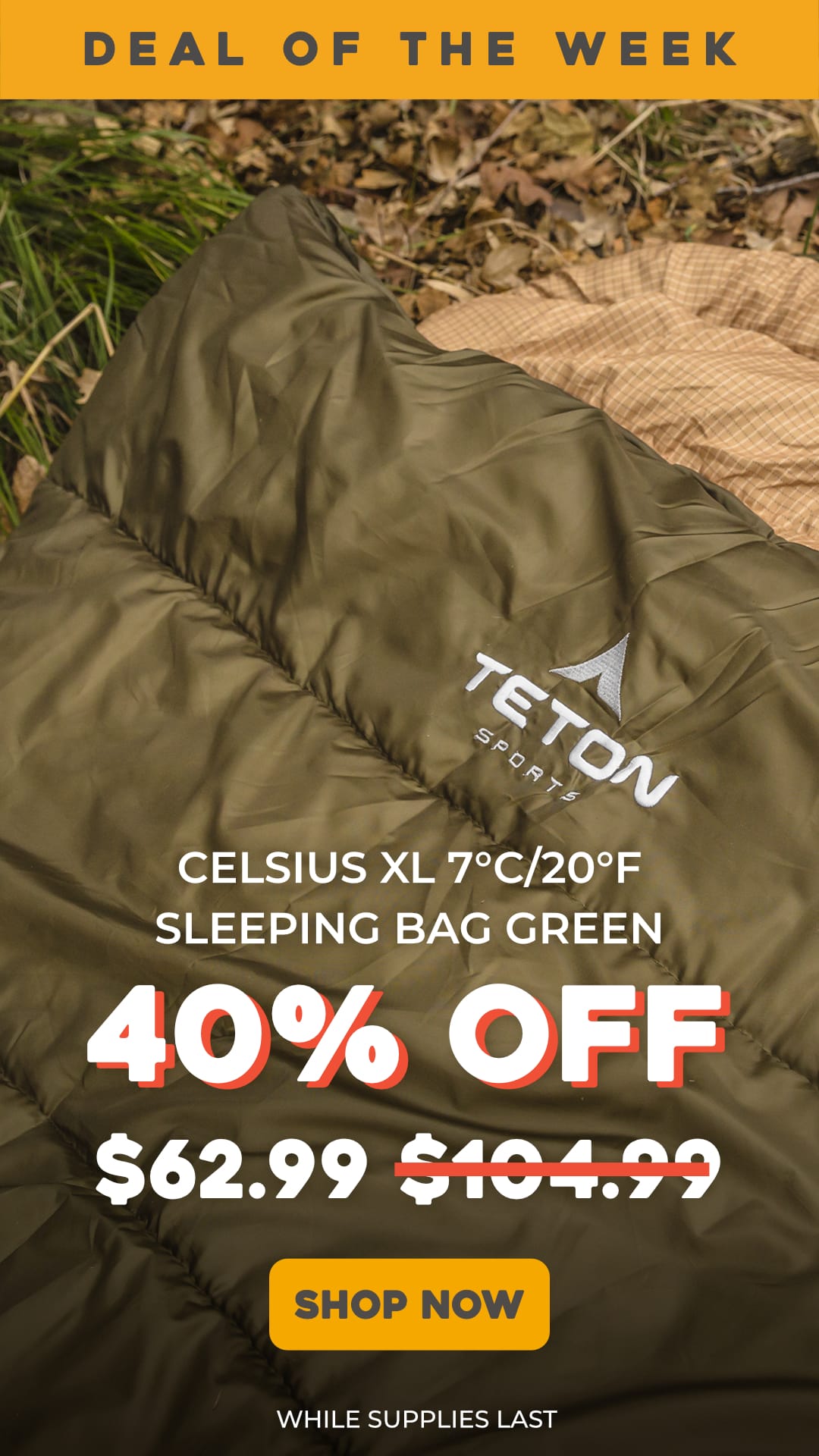 Green Celisius 20F sleeping bag with Teton Sports logo on a grassy background, promotional text overlay. Final Price: $62.99