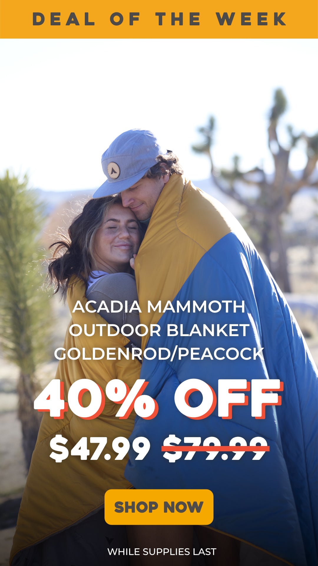 Promotional banner for Acadia Mammoth Gold and Blue outdoor blanket with a couple wrapped in it, set against a desert landscape. 40% OFF, final price $47.99