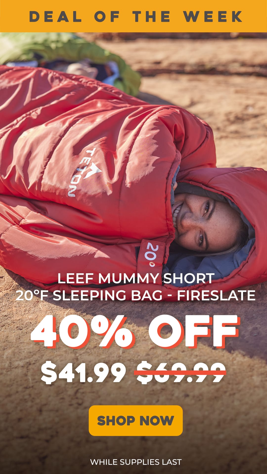Person lying in the LEEEF MUMMY SHORT 20F sleeping bag with promotional text overlay on a rocky background: Final Price $41.99