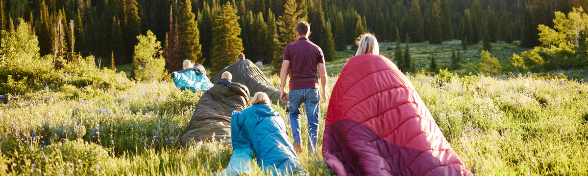 Family carrying sleeping bags across a sunlit mountain meadow, showing off different sleeping bag colors and styles.