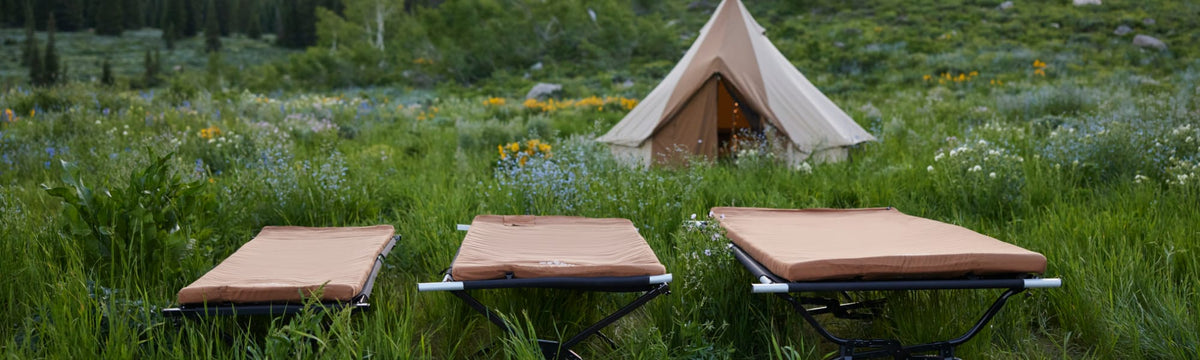 Three camping cots with sleeping pads set up in a wildflower meadow in front of a canvas bell tent.