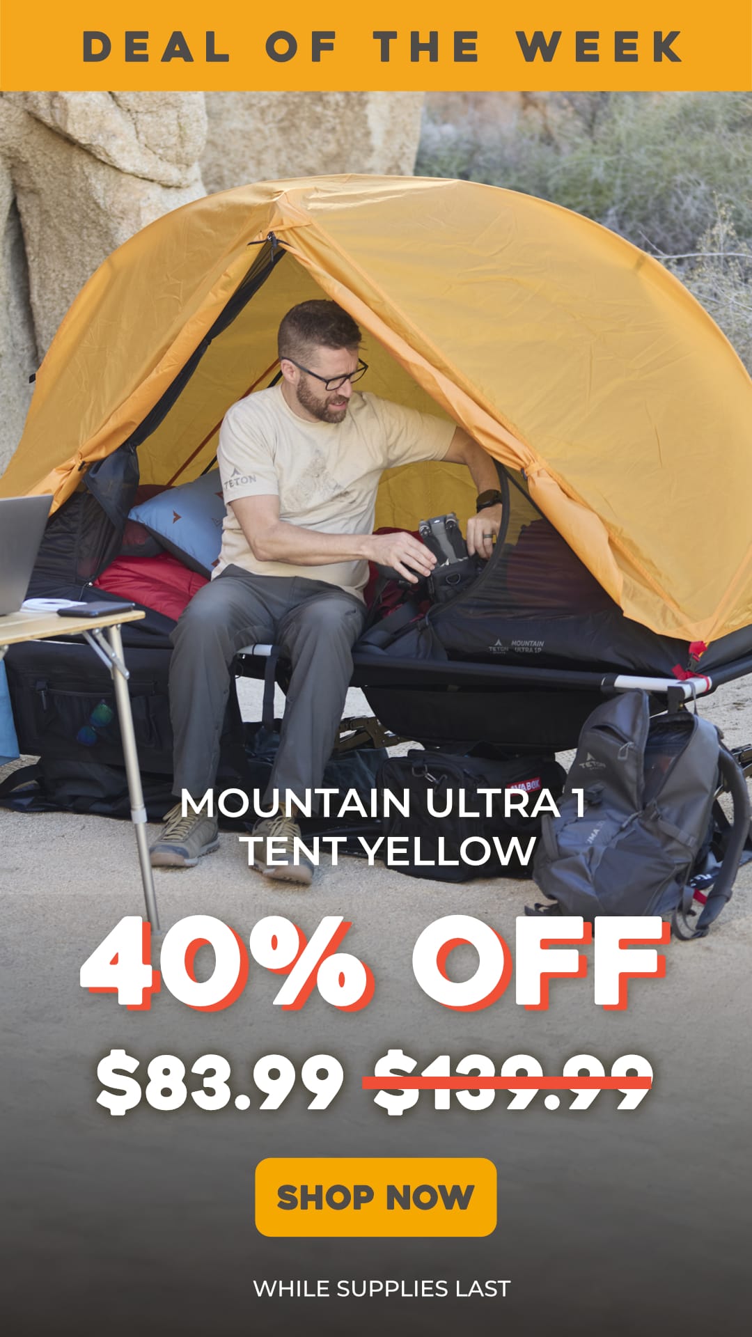 Man setting up a yellow tent with promotional text overlay 40% OFF, final price $83.99 on a natural background