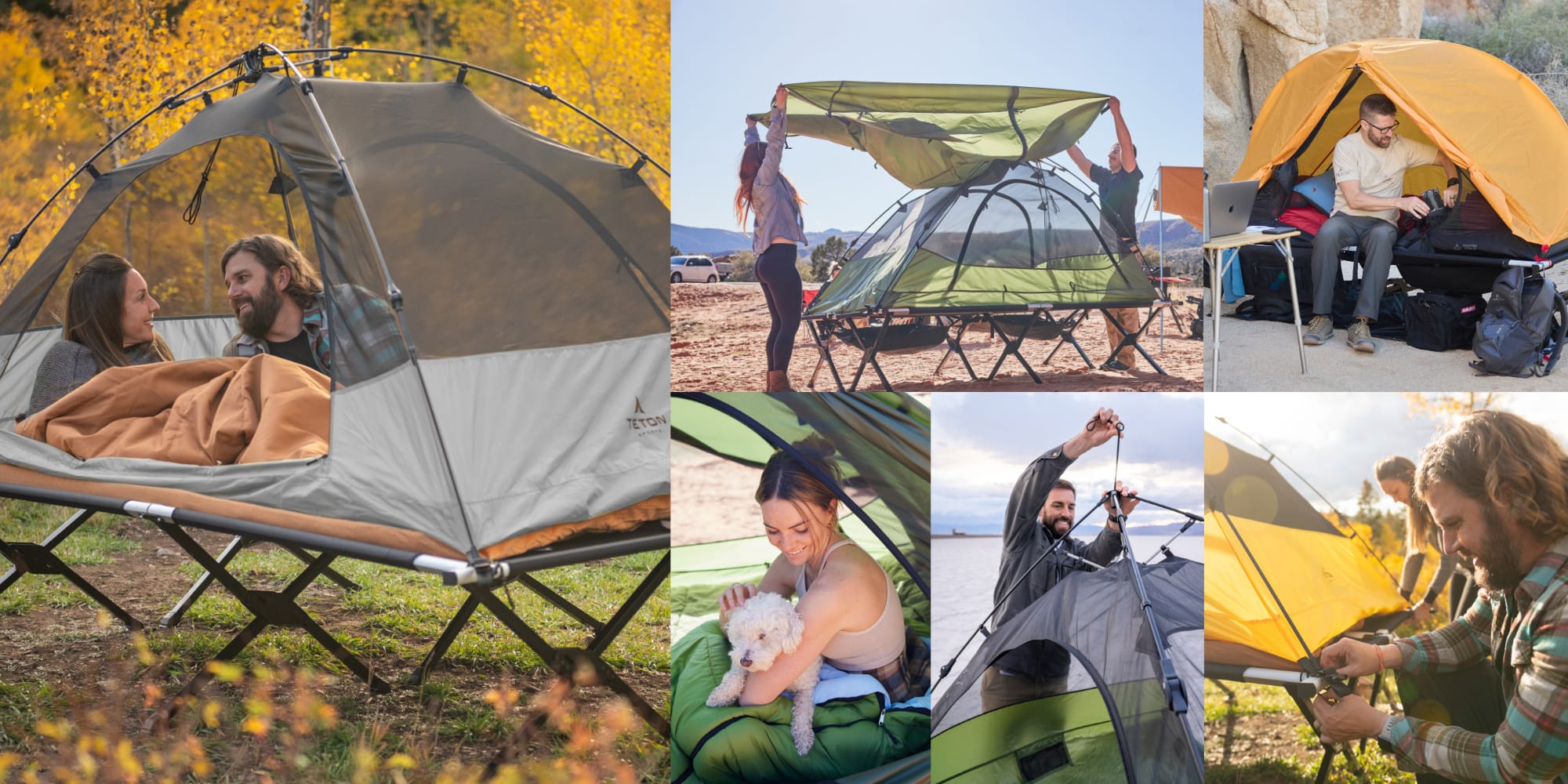 Collage of people using the vista quick tent in various outdoor settings.